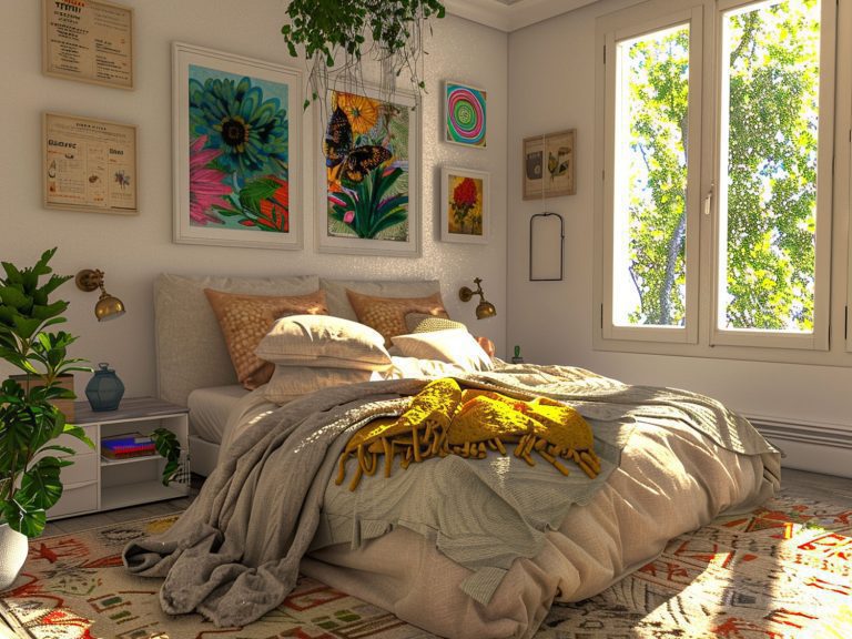 Boho sypialnia z kolorową pościelą, roślinami i jasnym światłem