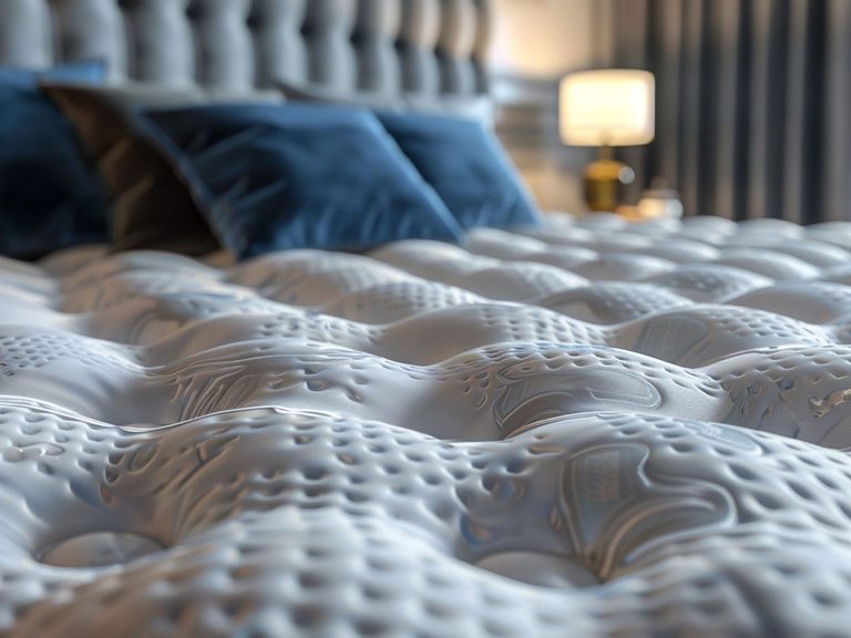 Luksusowa sypialnia z granatową pościelą i miękkim materacem