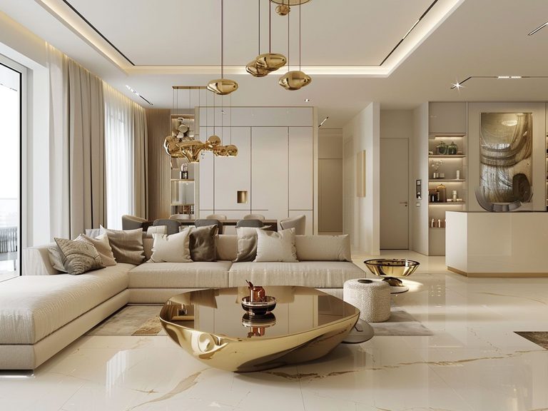 Nowoczesny salon z kremową sofą i złotymi akcentami w eleganckim wnętrzu
