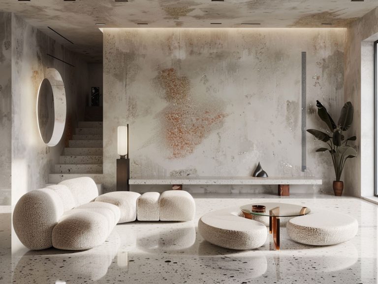 Loftowy salon z betonową ścianą, minimalistyczną sofą i industrialnym klimatem