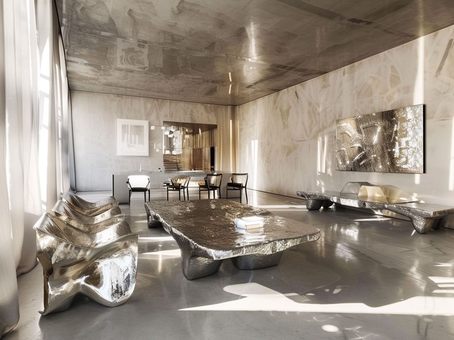 Nowoczesny salon z organiczną sofą, srebrnymi fotelami i zaokrąglonymi kształtami