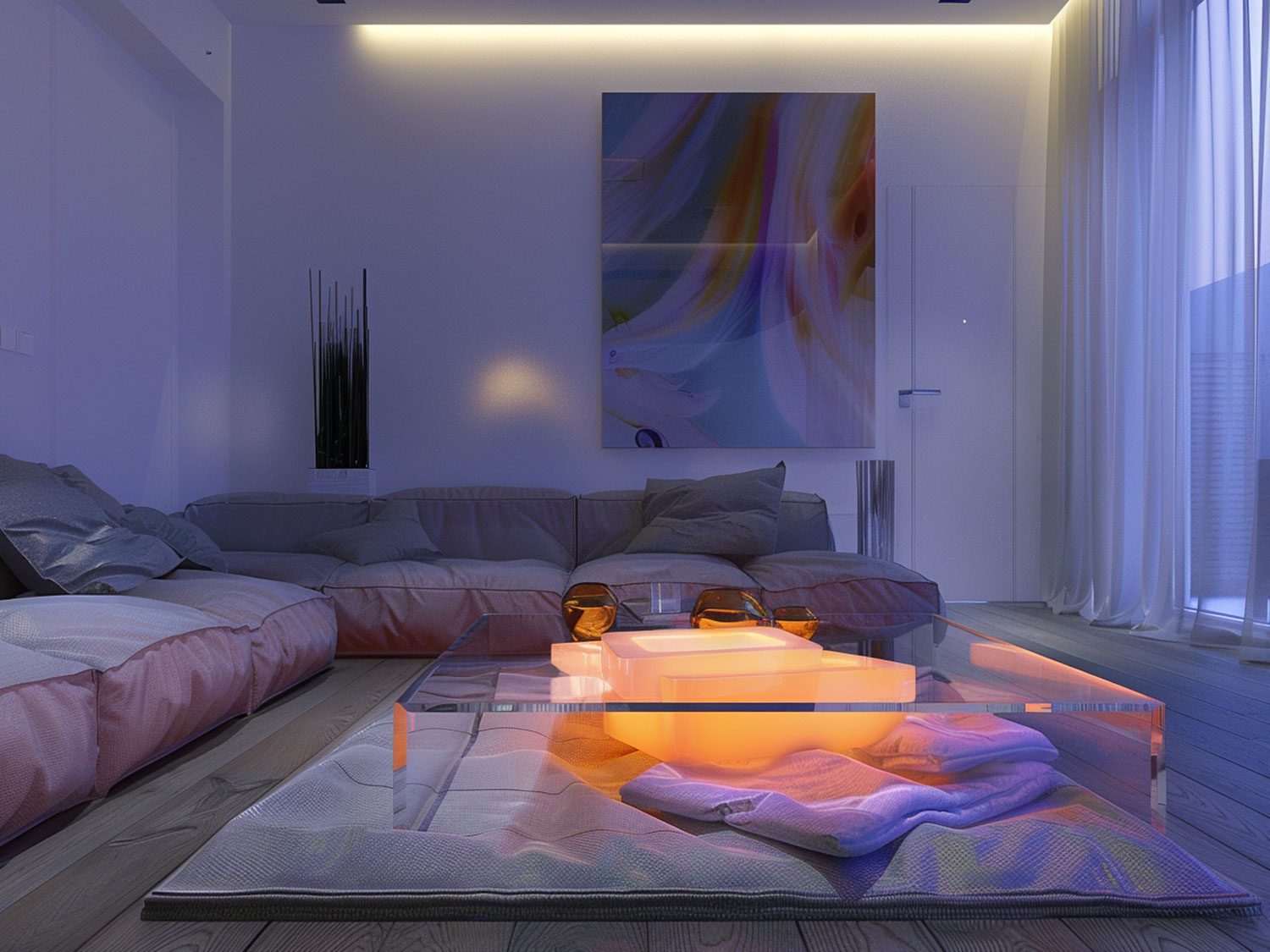 Salon z betonową ścianą, minimalistyczną sofą i industrialnym klimatem