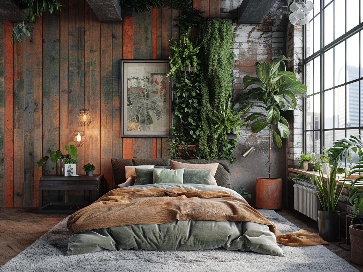 Loftowa sypialnia z zieloną ścianą, roślinami i drewnianym łóżkiem