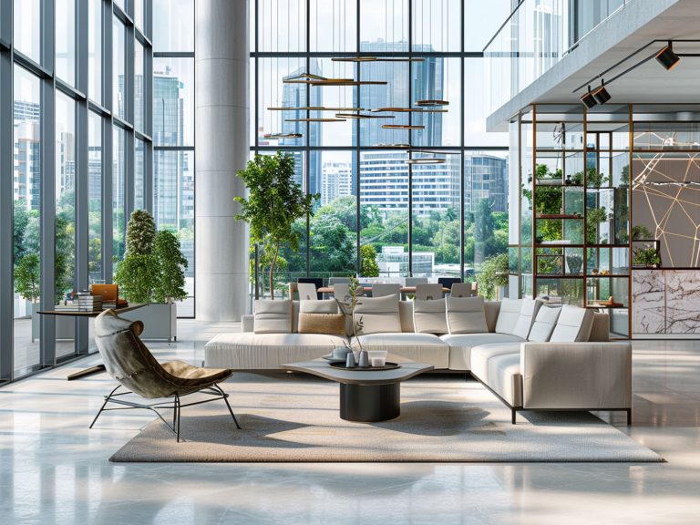 Nowoczesny salon z szarym narożnikiem, dużymi oknami i roślinami