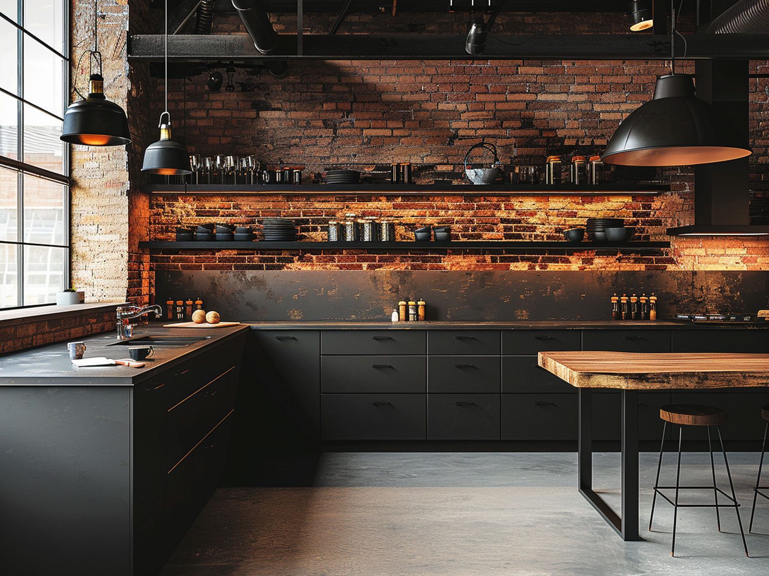 Loftowa kuchnia z ceglaną ścianą, czarnymi szafkami i industrialnym oświetleniem Loftowa kuchnia z ceglaną ścianą, czarnymi szafkami i industrialnym oświetleniem
