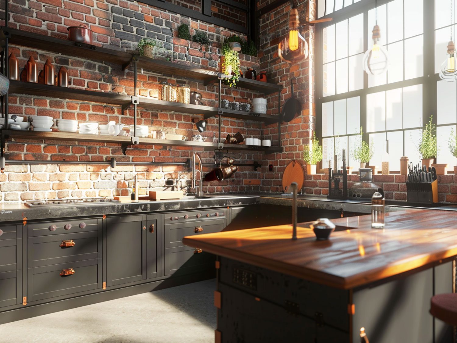 Loftowa kuchnia z ceglaną ścianą, drewnianymi blatami i czarnymi akcentami