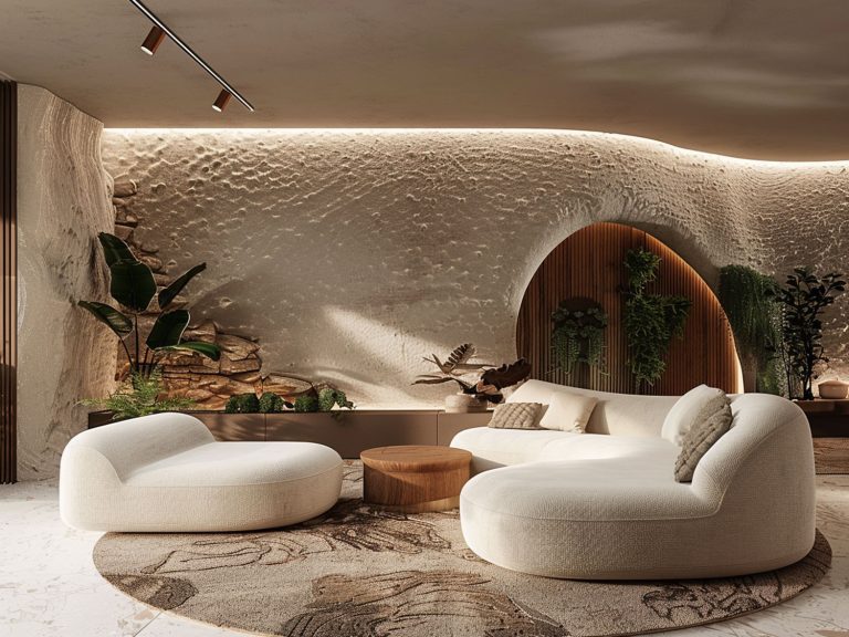 Nowoczesny salon z organiczną sofą, białymi fotelami i zaokrąglonymi kształtami