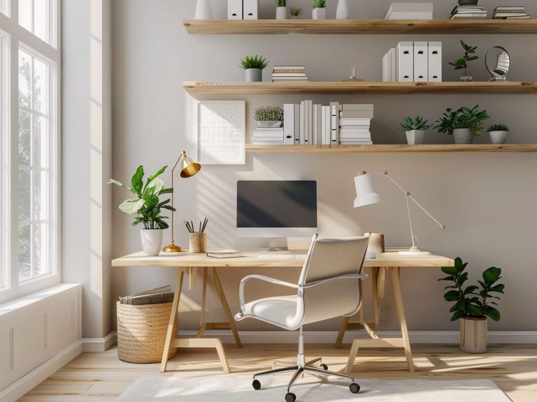 Skandynawskie biuro z jasnym biurkiem, półkami i minimalistyczną aranżacją
