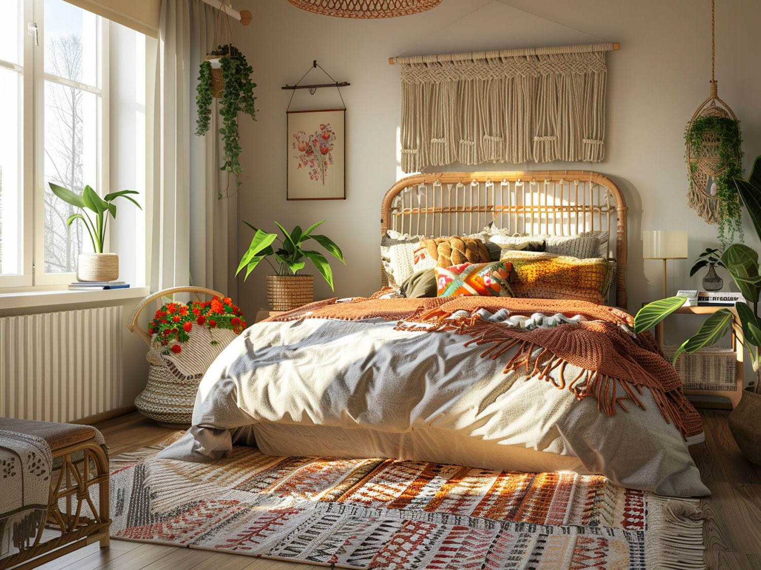 Boho sypialnia z łóżkiem, roślinami i dekoracyjnymi makramami Boho sypialnia z łóżkiem, roślinami i dekoracyjnymi makramami