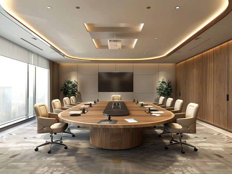 Nowoczesna sala konferencyjna z prostokątnym stołem i eleganckim wystrojem