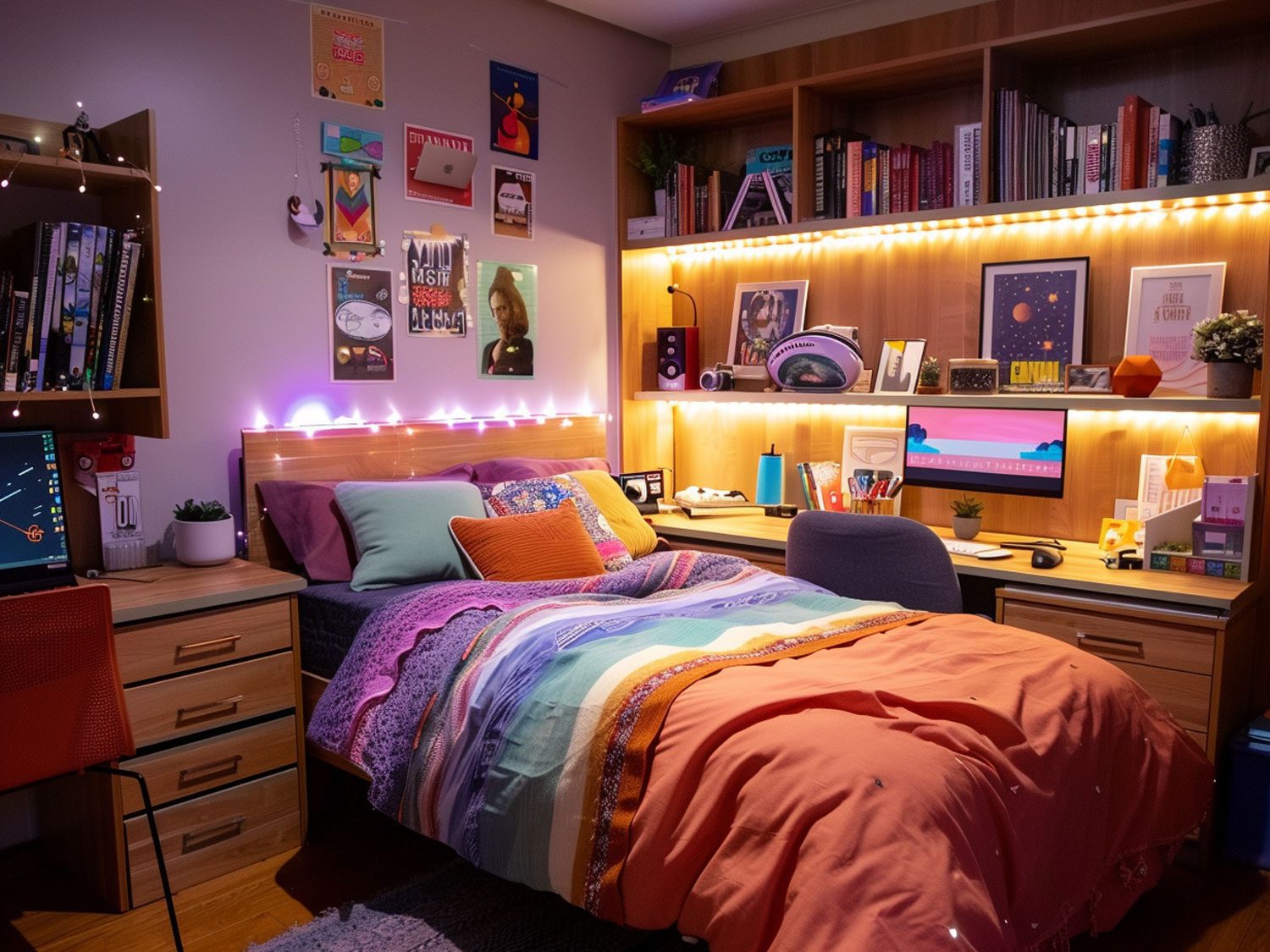 Kolorowa sypialnia z industrialnymi akcentami, ceglaną ścianą i kolorową pościelą Kolorowa sypialnia z industrialnymi akcentami, ceglaną ścianą i kolorową pościelą