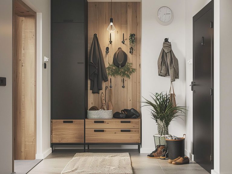 Nowoczesny przedpokój z szafką na buty, wieszakami i drewnianym wykończeniem