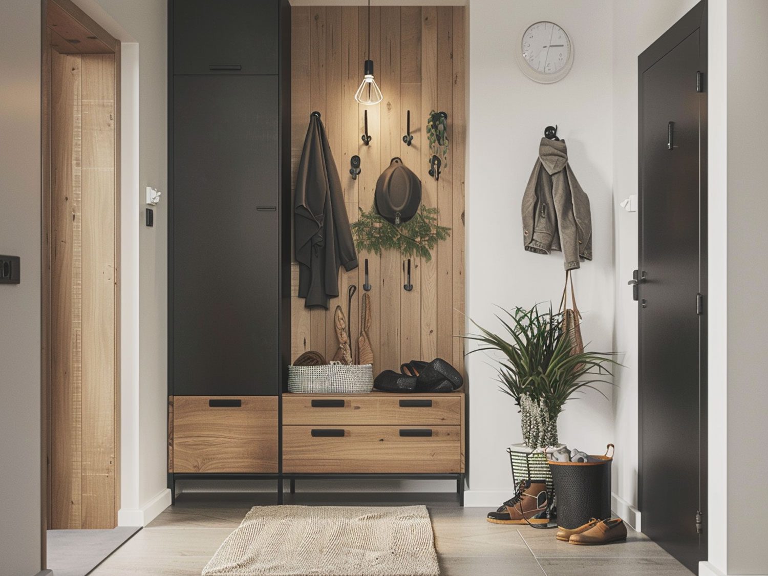 Nowoczesny przedpokój z szafką na buty, wieszakami i drewnianym wykończeniem
