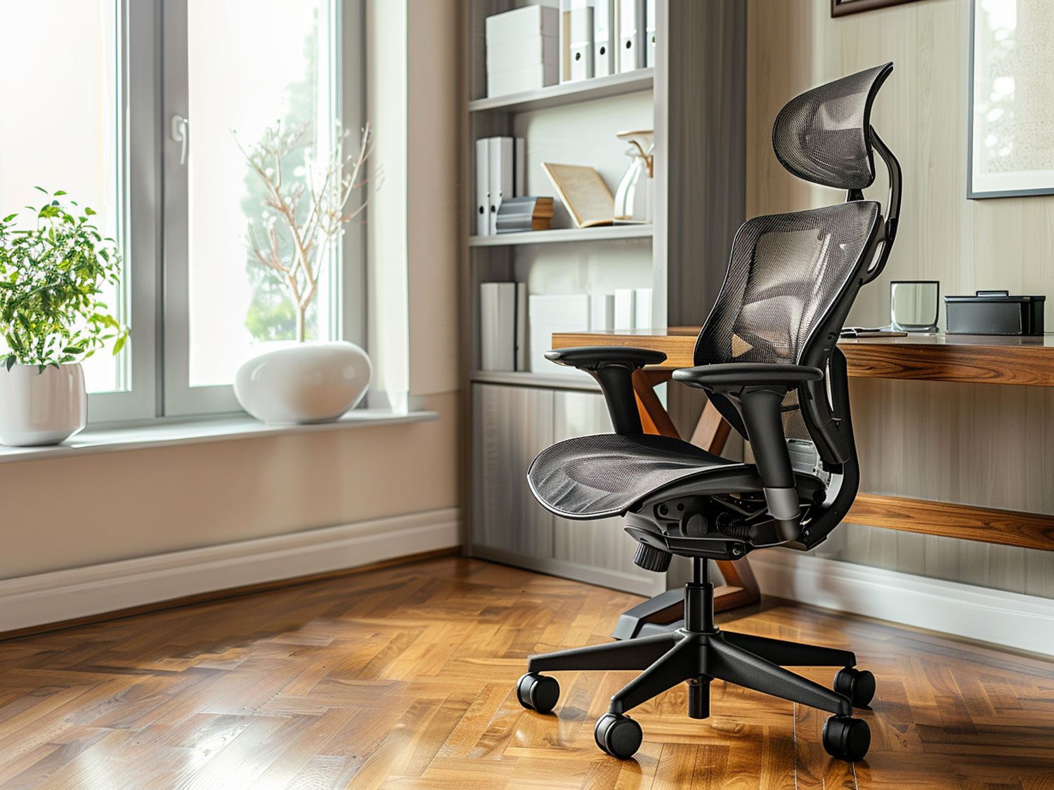 Ergonomiczny fotel, jasnym drewnem i dużymi oknami