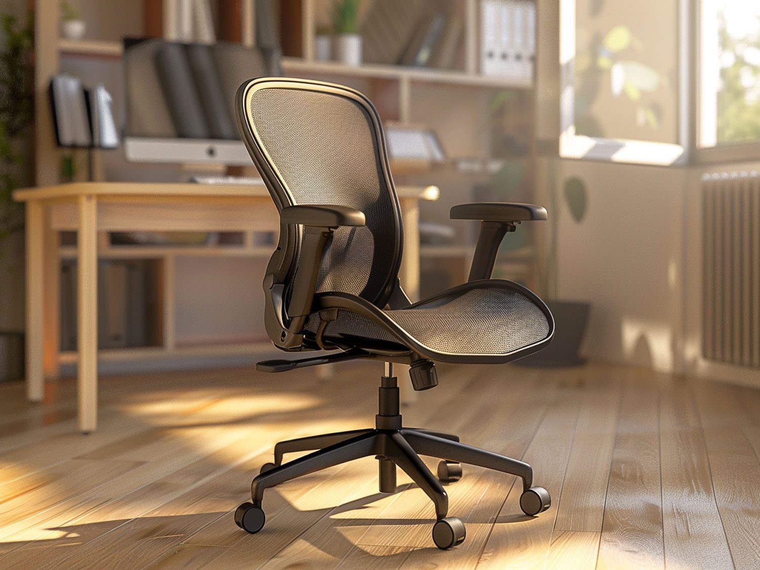 Nowoczesne biuro z ergonomicznym fotelem i jasnym oświetleniem