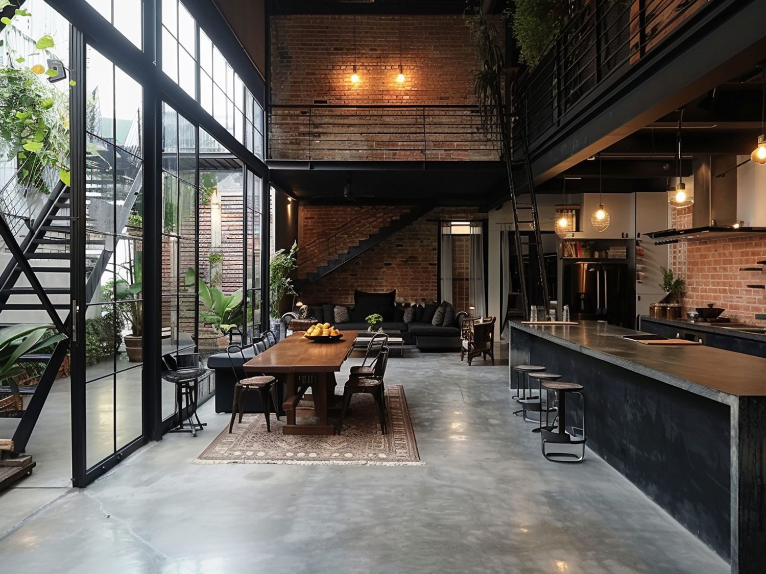 Loftová restauracja z cihlovou stěnou, velkými oknami a industrialnymi meblami