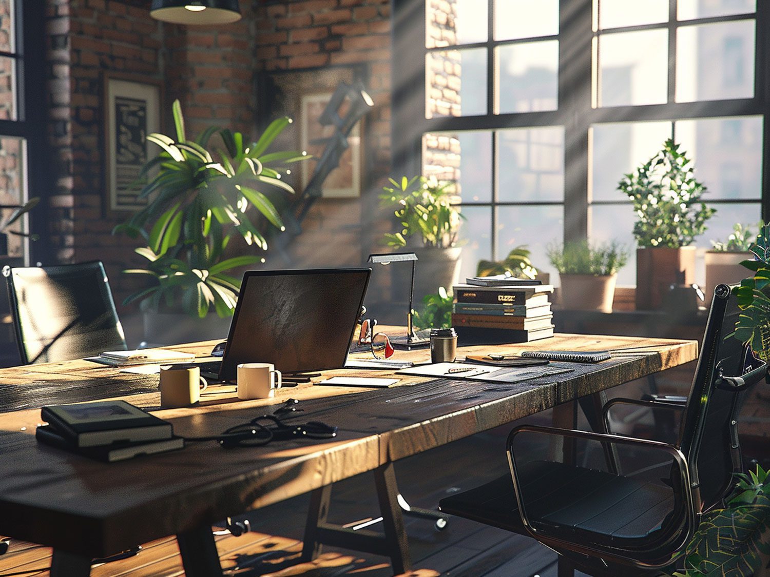 Loftowe biuro z drewnianymi biurkami, roślinami i industrialnymi dodatkami