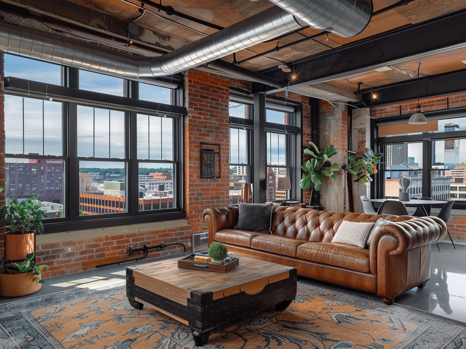 Loftowy salon z brązową skórzaną sofą i industrialnymi akcentami