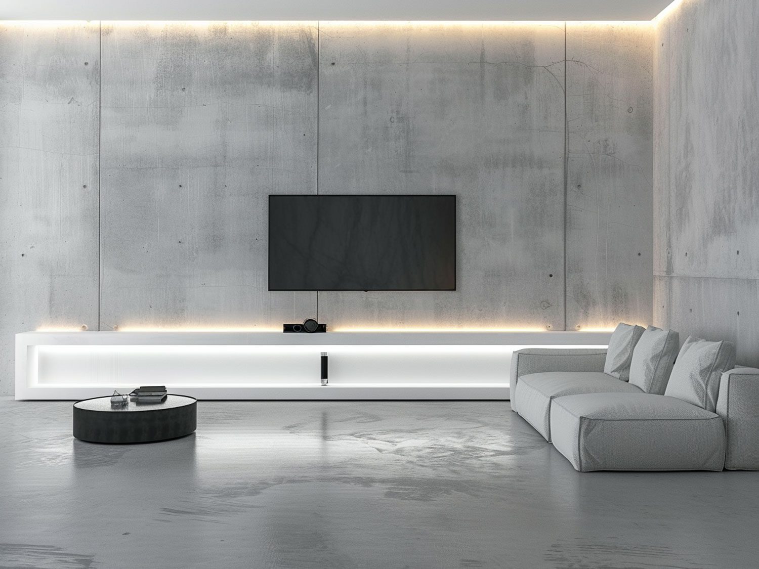 Nowoczesny salon z betonową ścianą, białą sofą i podświetleniem LED Nowoczesny salon z betonową ścianą, białą sofą i podświetleniem LED