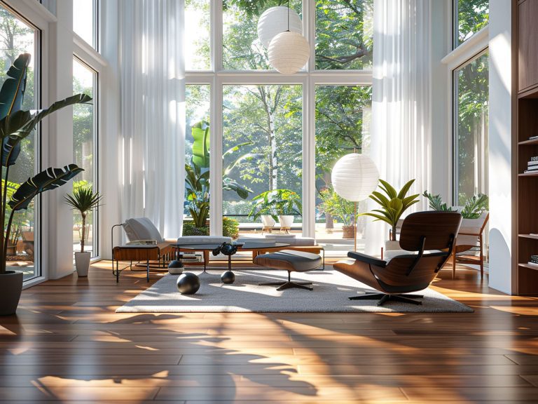 Nowoczesny salon z jasnymi meblami modułowymi i przeszkloną ścianą