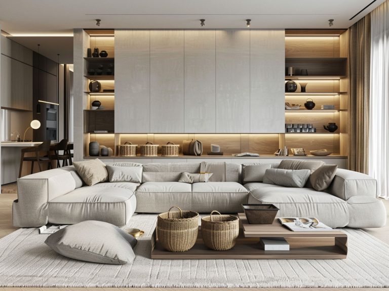 Nowoczesny salon z dużą narożną sofą, drewnianymi akcentami i jasną aranżacją