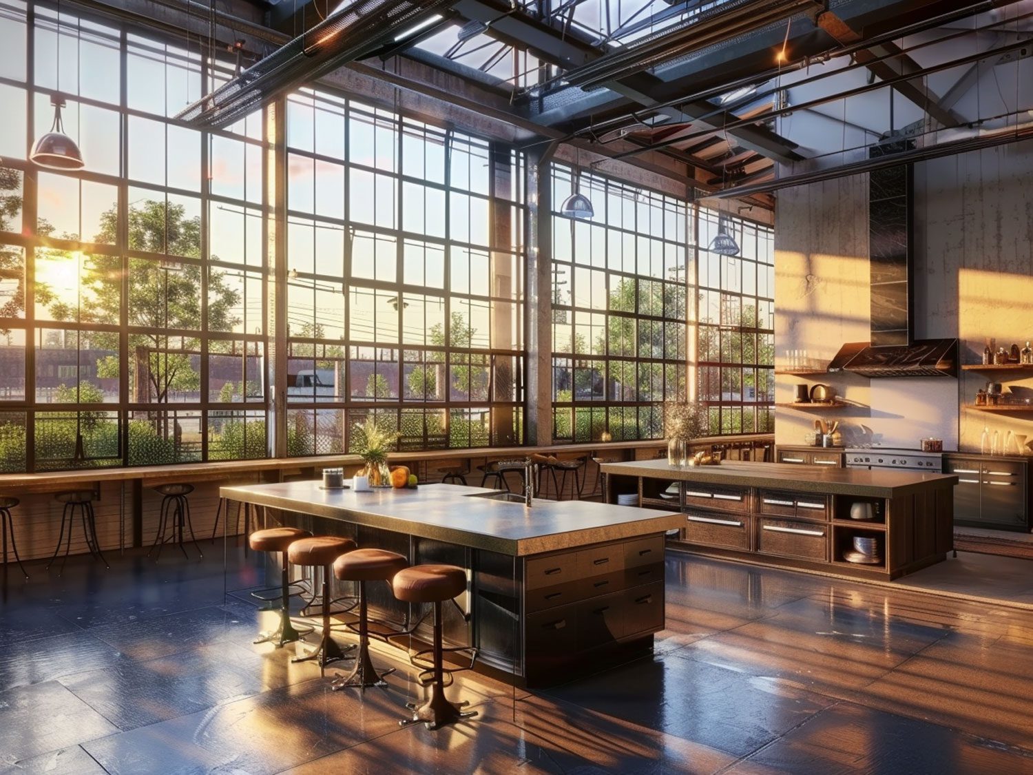 Nowoczesny coworking z dużymi stołami, drewnianą podłogą i industrialnym klimatem Nowoczesny coworking z dużymi stołami, drewnianą podłogą i industrialnym klimatem