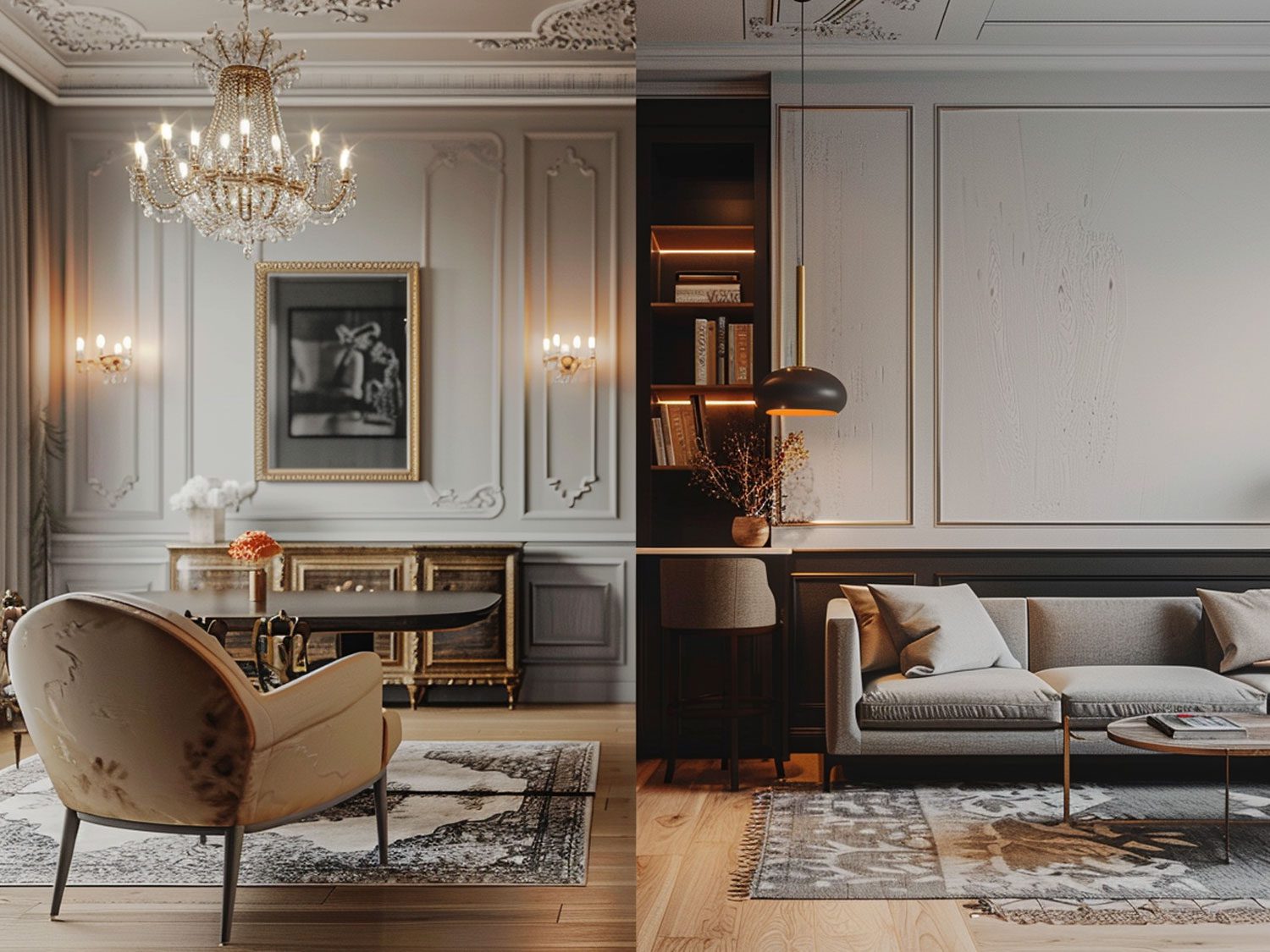 Glamour obývací pokoj s klasycznymi dekoracemi, křišťálovým lustrem a elegantními křesly