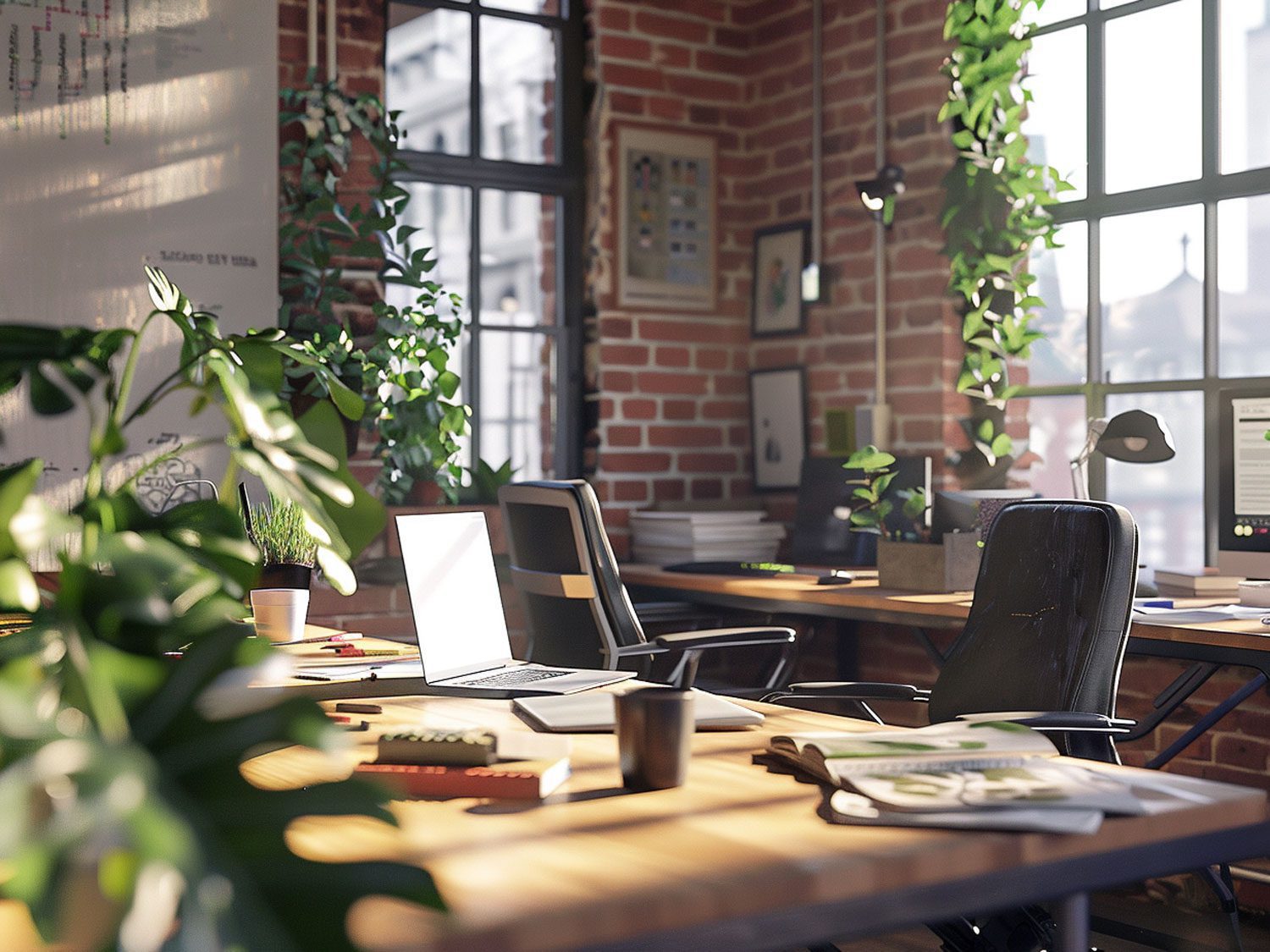 Moderní kancelář z ergonomicznym křeslem, světlým dřevem a velkými oknami