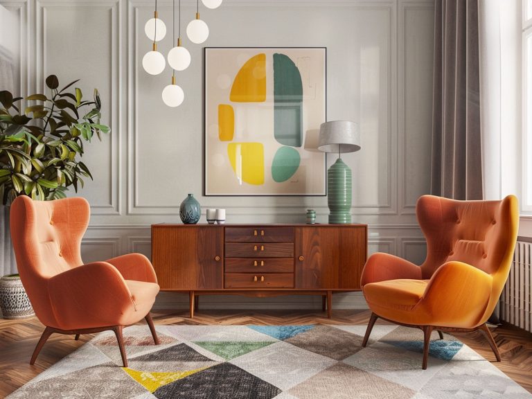 Retro salon z kolorowymi fotelami, geometrycznym dywanem i drewnianą komodą
