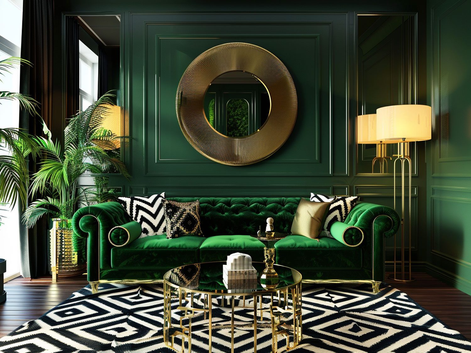 Glamour obývací pokoj se zelenou pohovkou Chesterfield a geometrycznym kobercem