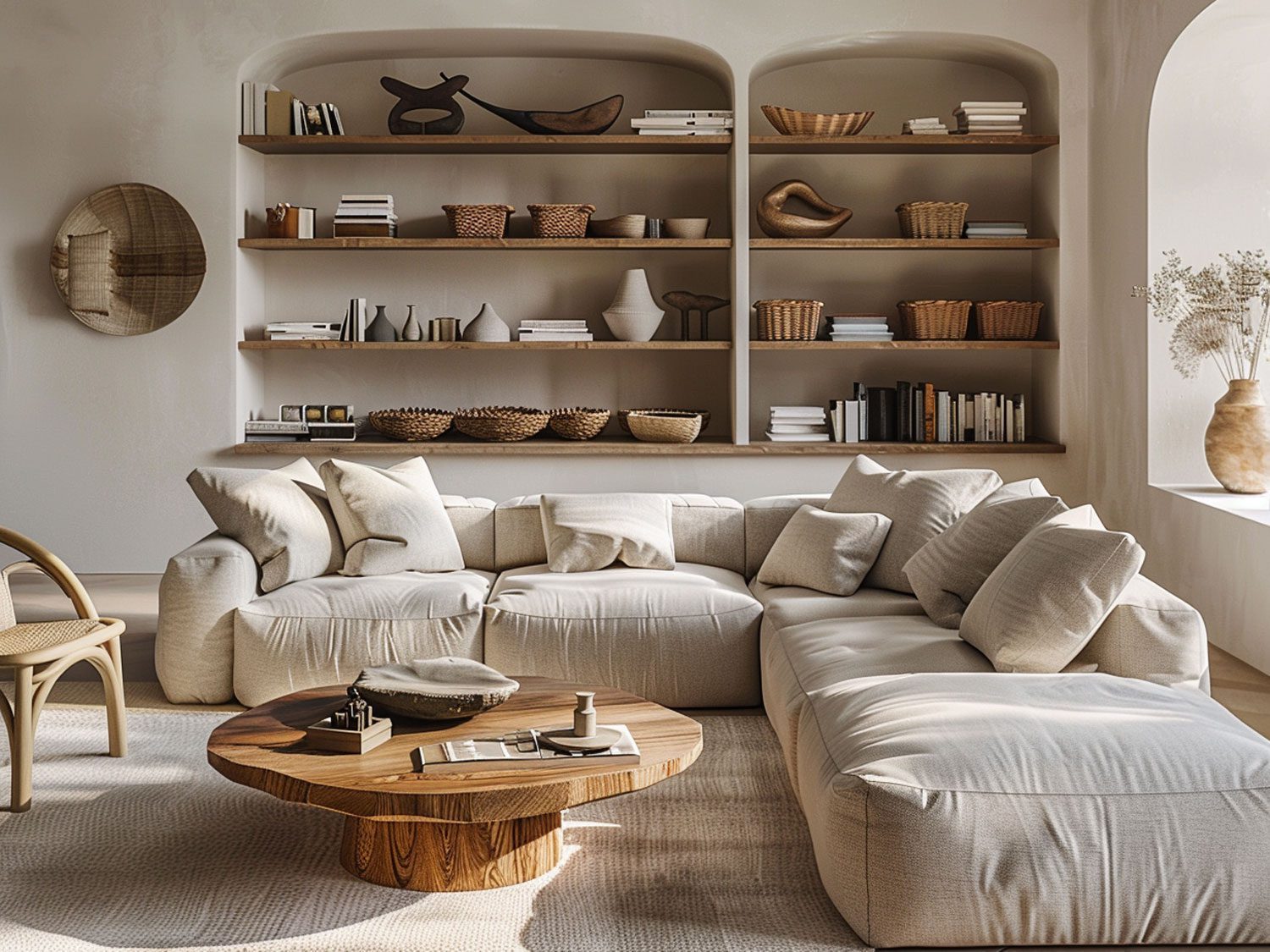 Nowoczesny salon z dużą narożną sofą, regałem i naturalnymi dodatkami