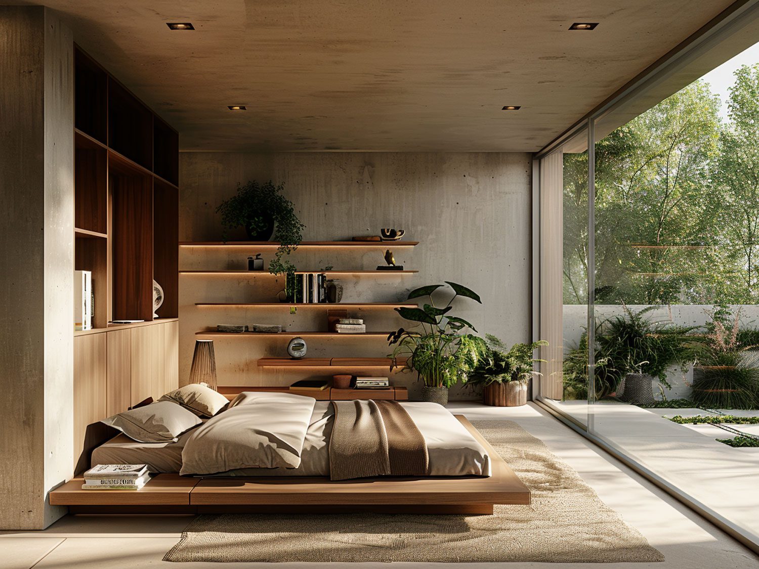 Nowoczesna sypialnia z drewnianym łóżkiem i roślinami w minimalistycznym wnętrzu