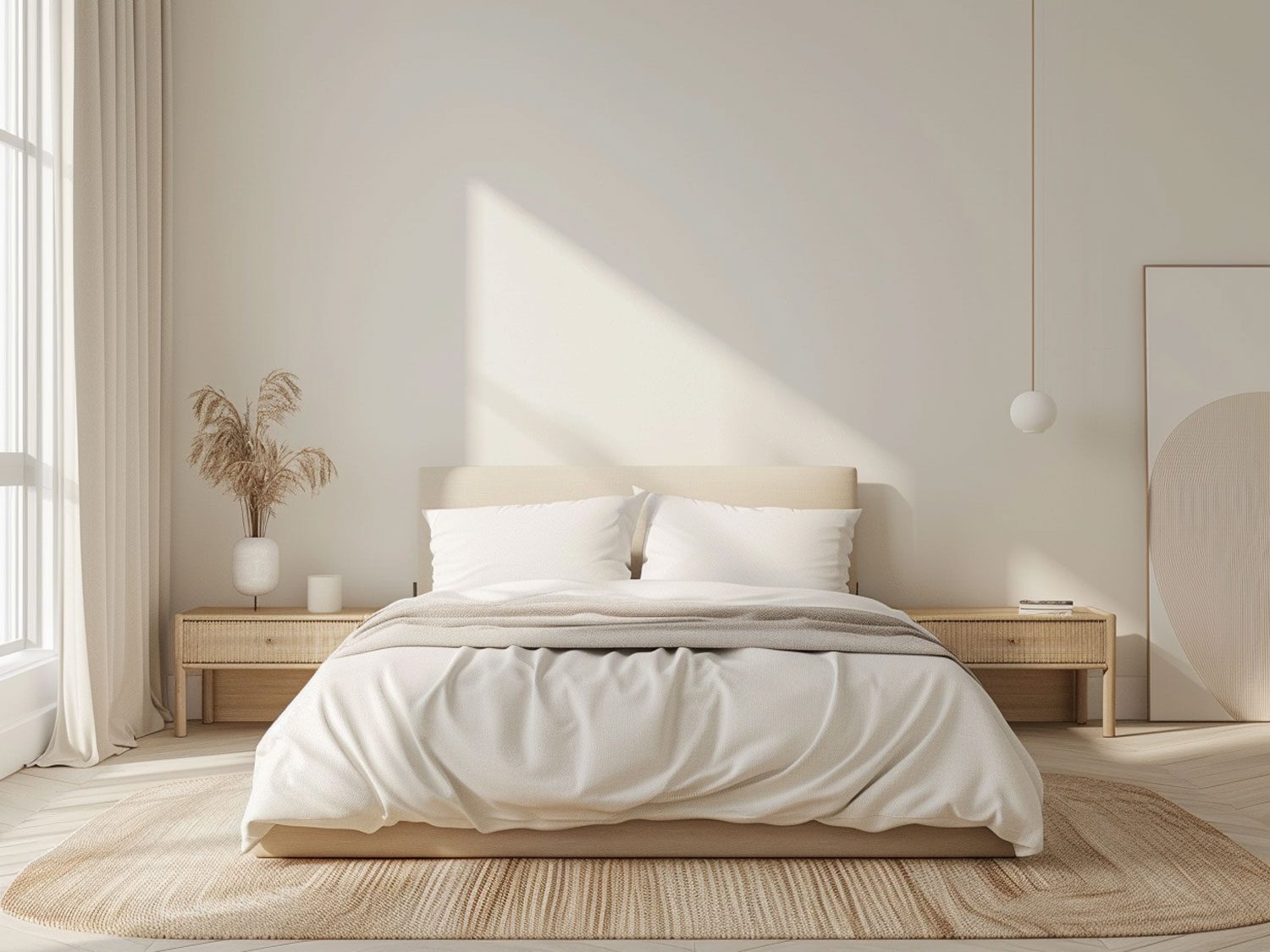Skandynawska sypialnia z jasnym łóżkiem i minimalistycznym wystrojem