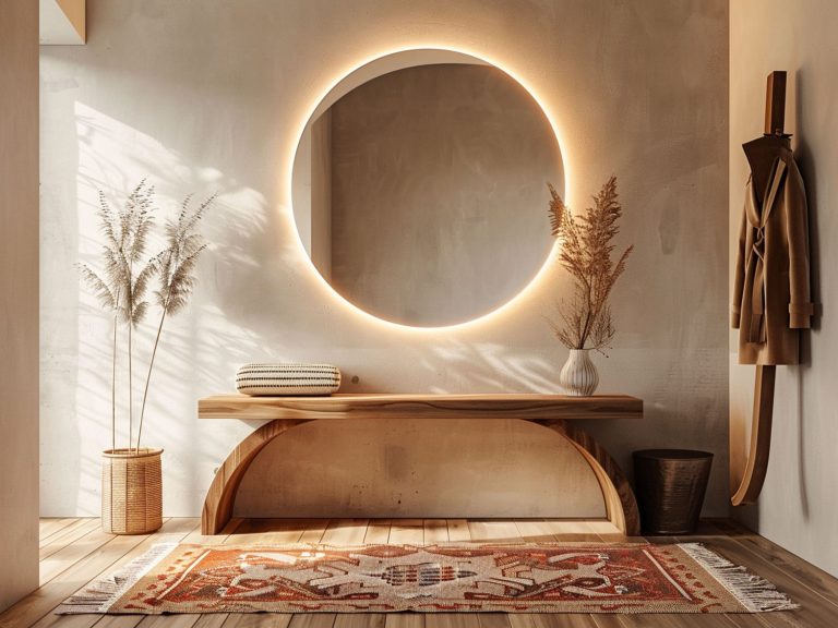 Boho korytarz z konsolą, lustrem w kształcie koła i naturalnymi dodatkami