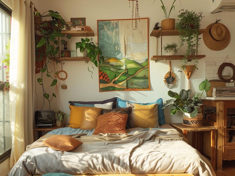 Boho sypialnia z kolorową pościelą, roślinami i jasnym wnętrzem