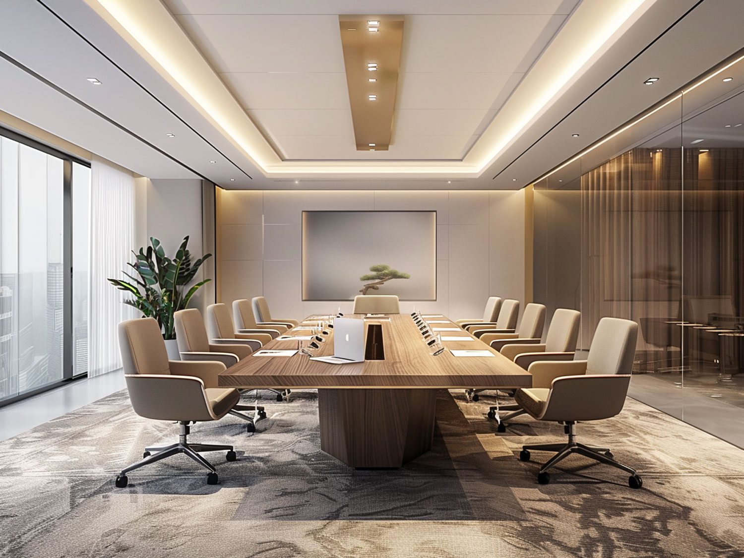 Nowoczesna sala konferencyjna z prostokątnym stołem i eleganckim wystrojem