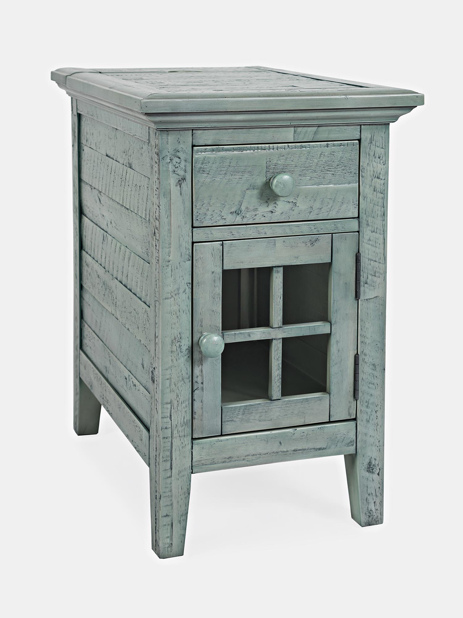 Zielona drewniana szafka nocna z przeszklonymi drzwiczkami i dekoracyjnym frontem