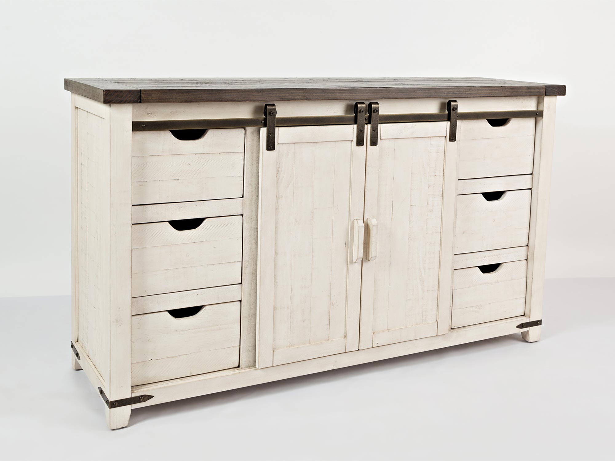 Regał kuchenny z półkami i szufladami w stylu rustykalnym