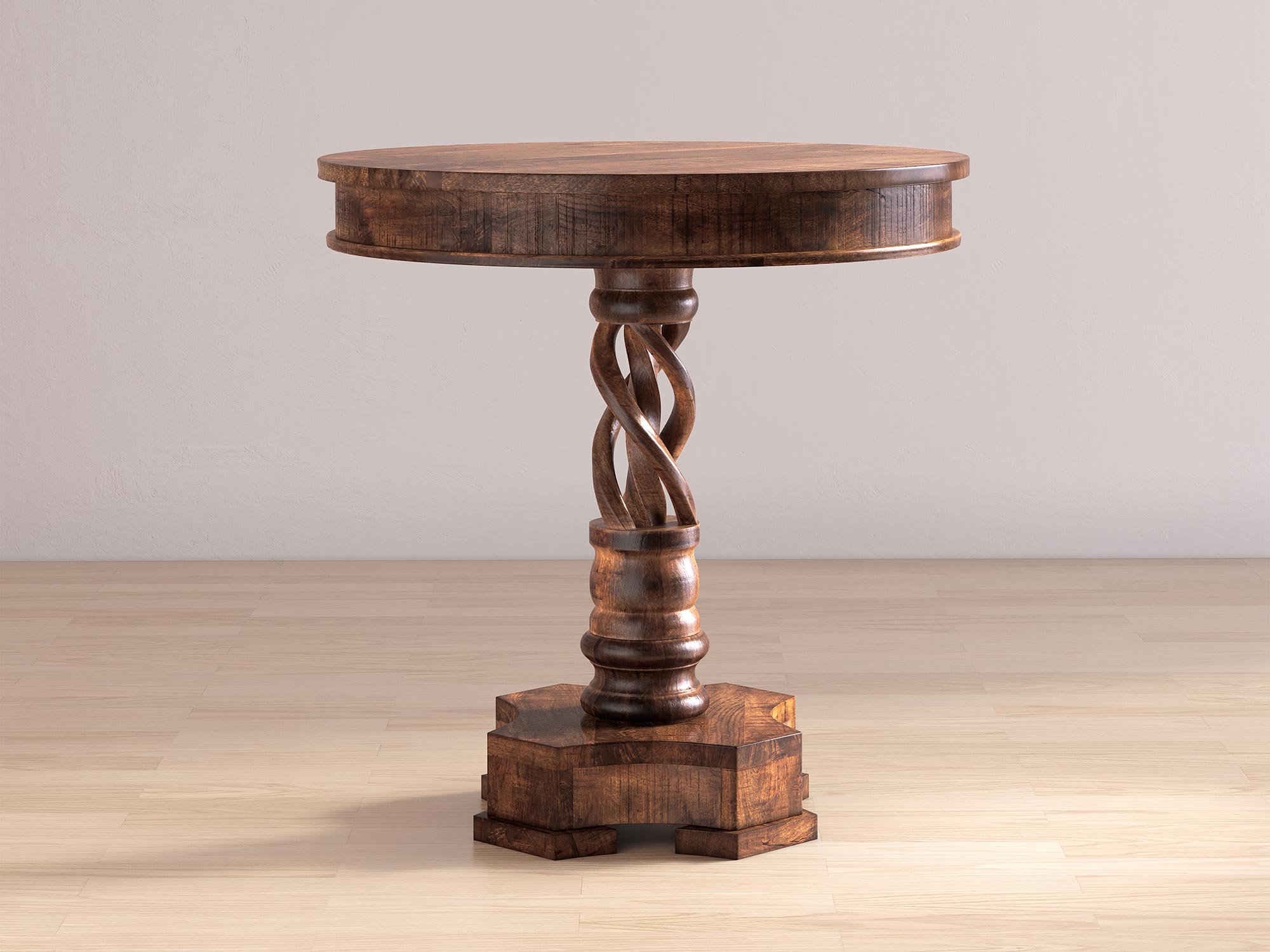 Drewniany stolik boczny z dekoracyjną rzeźbioną nogą w stylu vintage