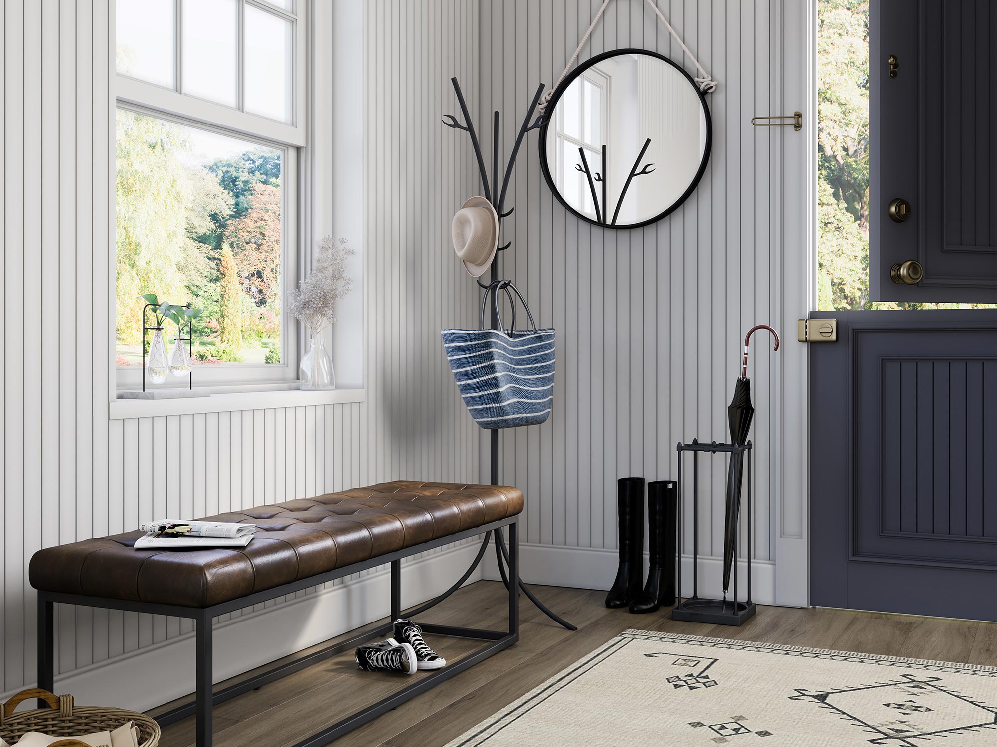 Ławka tapicerowana z ciemnej skóry Ławka tapicerowana z ciemnej skóry