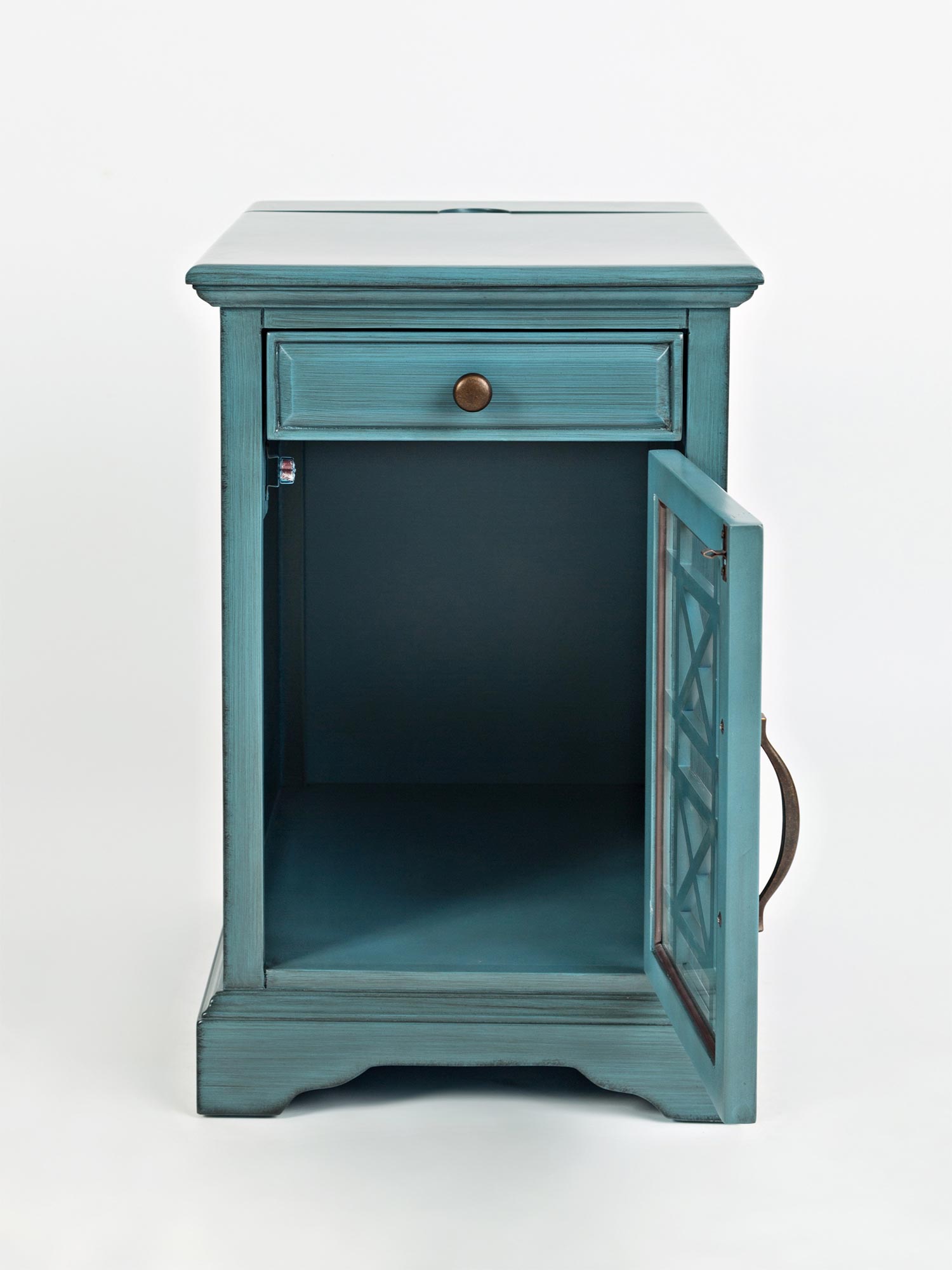 Otwarta drewniana szafka nocna z przeszklonymi drzwiami kolor turkusowy