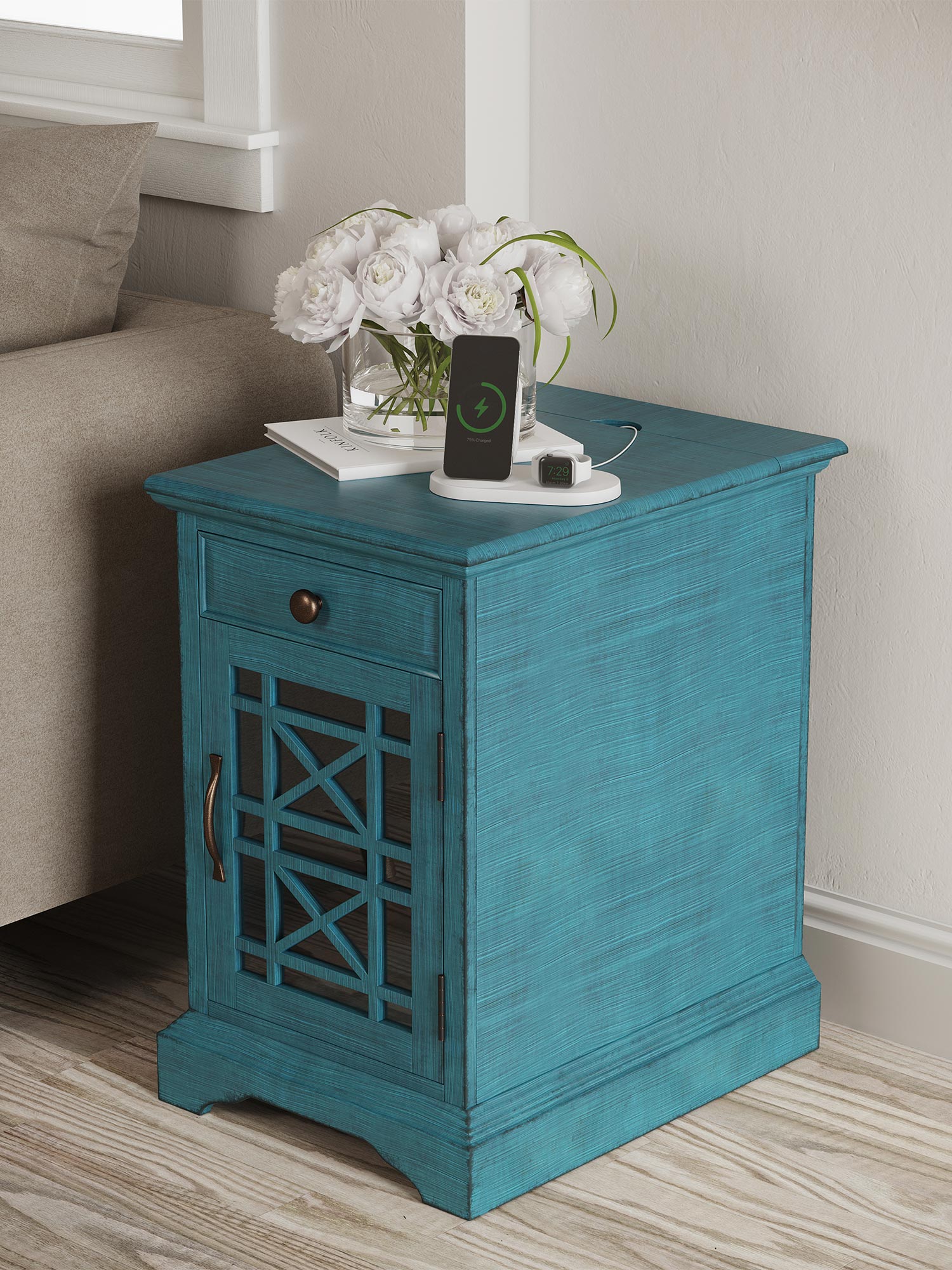 Drewniana szafka nocna z przeszklonymi drzwiami w stylu vintage kolor turkusowy