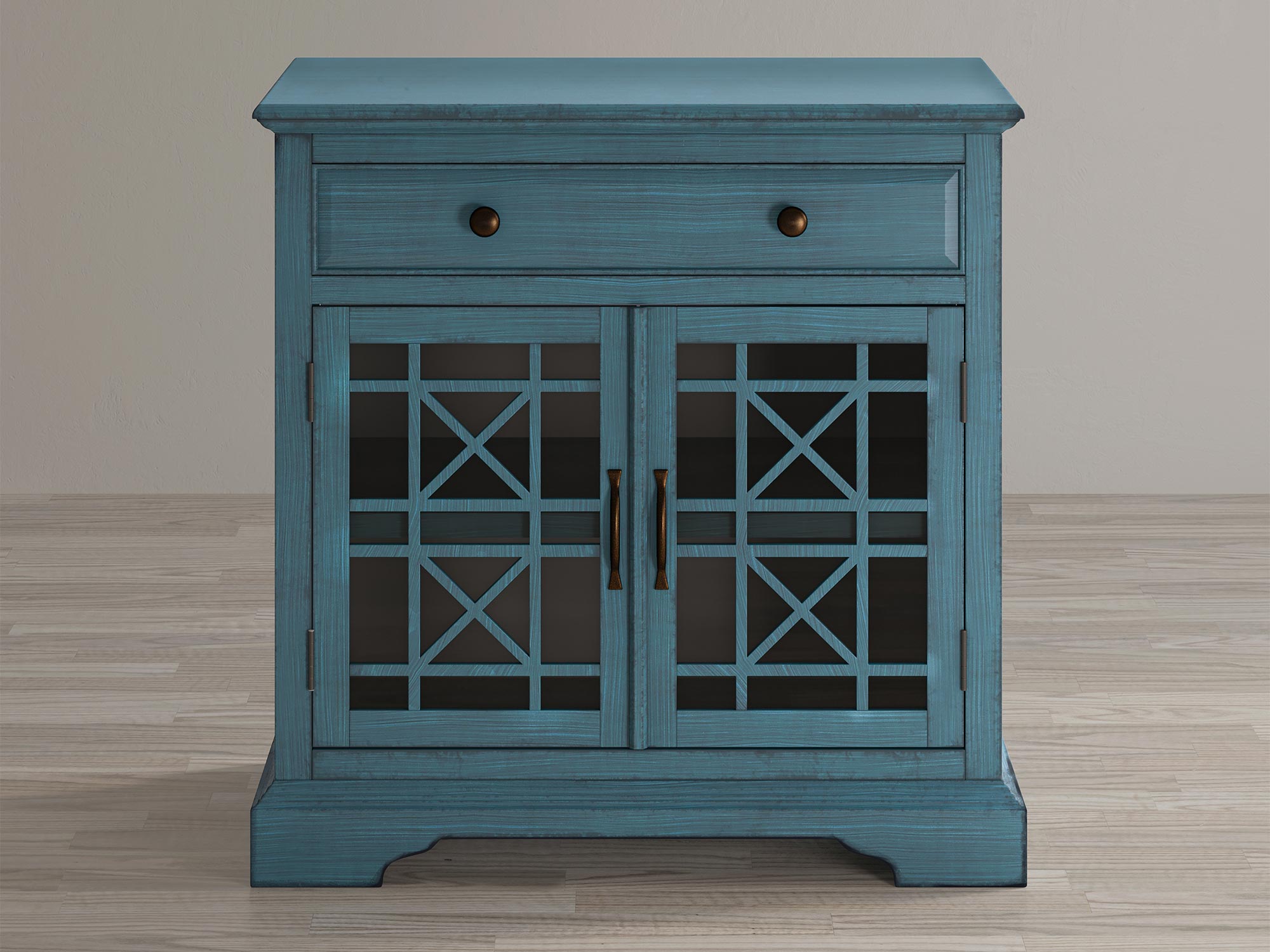Turkusowa drewniana komoda z dekoracyjnymi frontami w stylu klasycznym