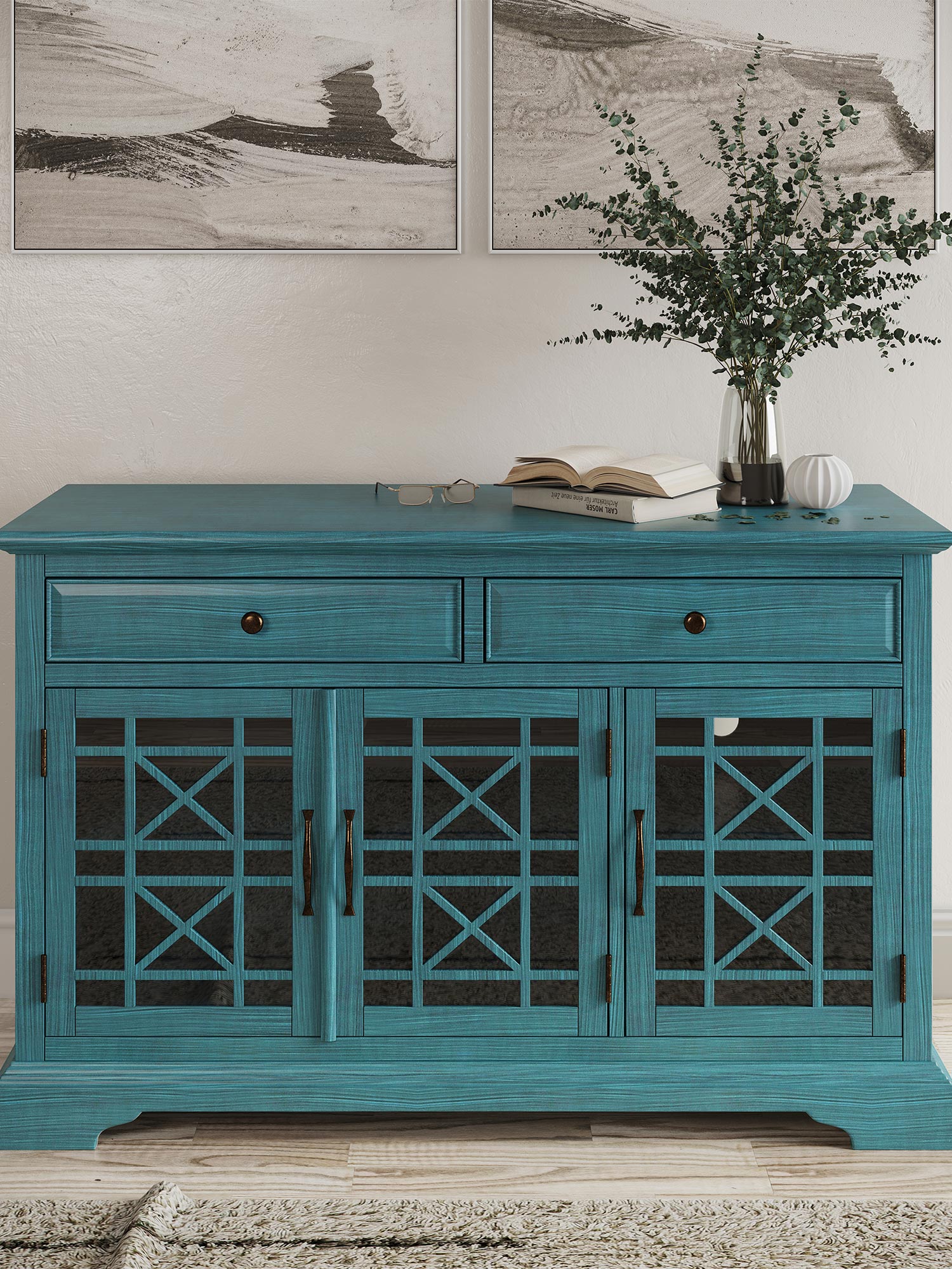 Detal wykończenia wnętrza turkusowej drewnianej komody z przeszklonymi frontami