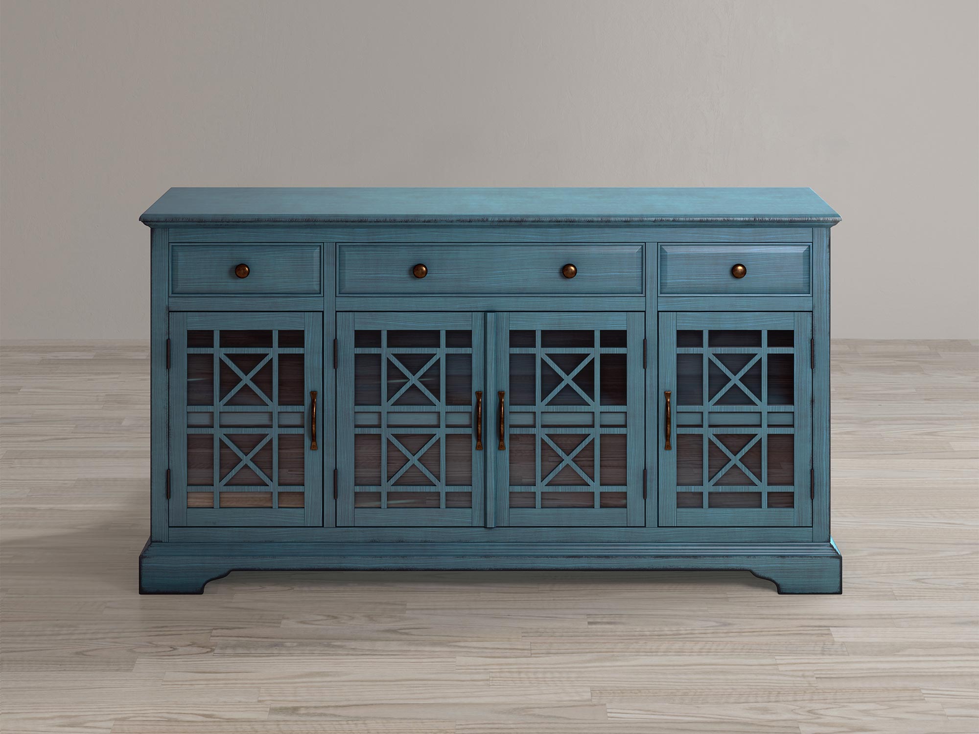 Drewniana komoda w kolorze turkusowym z dekoracyjnymi frontami i szufladami