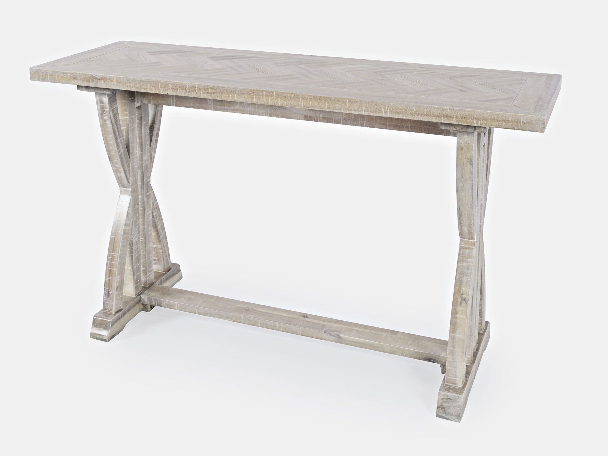 Stół konsolowy z drewnianym blatem i białą podstawą w stylu vintage