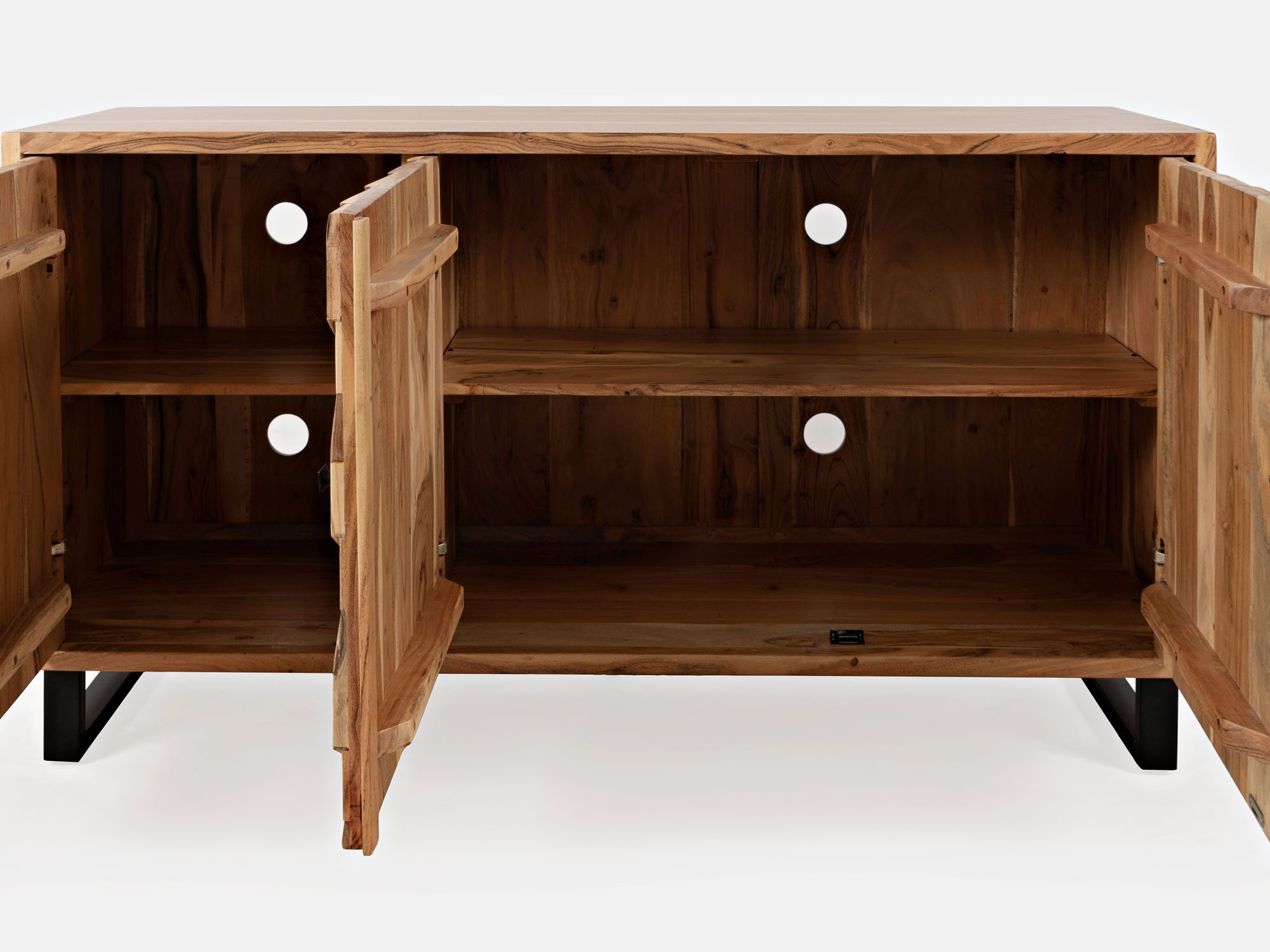 Drewniana komoda z otwartymi drzwiami i półkami w stylu industrialnym kolor naturalny