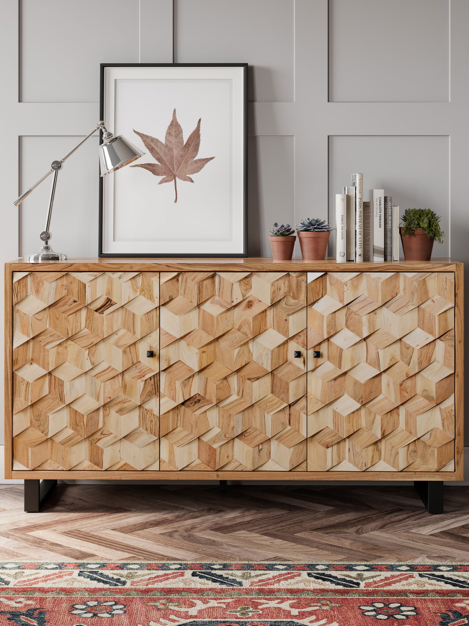 Drewniana komoda z geometrycznymi frontami w aranżacji salonu styl nowoczesny