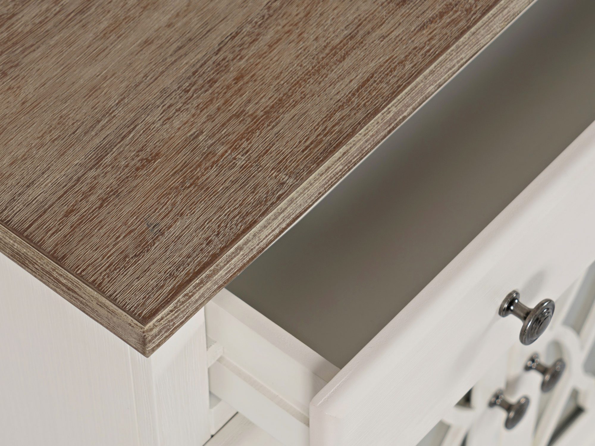 Nowoczesna komoda z białymi frontami i drewnianym blatem