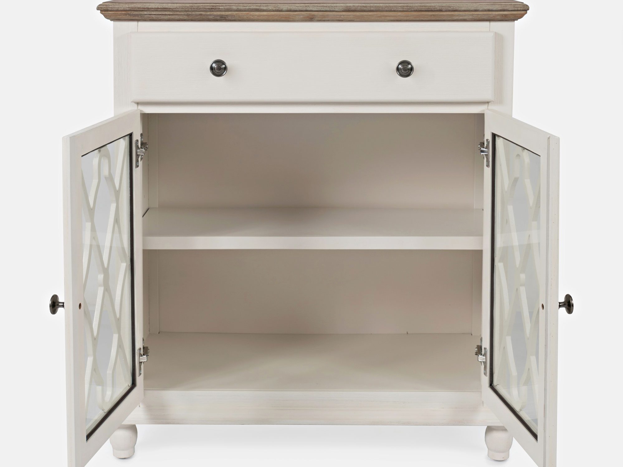 Komoda z przeszklonymi drzwiami i drewnianym blatem do stylowego wnętrza